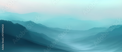 Layered mountain landscape with atmospheric blue gradients and misty ridges. Soft light and fading silhouettes evoke a tranquil, dreamlike ambiance