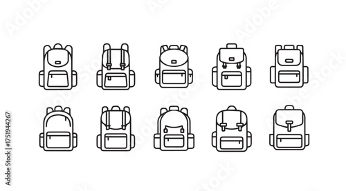 Collection of diverse backpack styles featuring various designs and features for travel and school vector