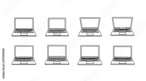 Collection of eight open laptop computers presented in a grid layout for technology and business concepts vector