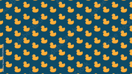 Minimalist vector illustration of rubber duck toys, creating a diagonal repeating seamless pattern. Deep teal and yellow colors for a modern baby theme