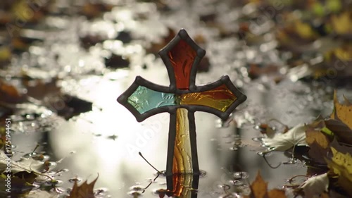 A stained glass cross with colorful panes rests on a reflective surface surrounded by leaves.