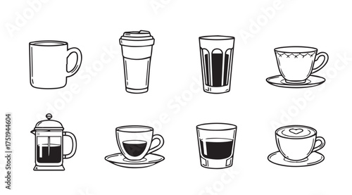 Collection of coffee and tea beverage cups and mugs hand drawn sketch style icons vector