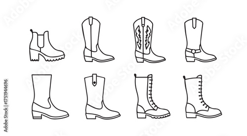 Collection of various boot styles outlines fashion footwear designs set line art vector