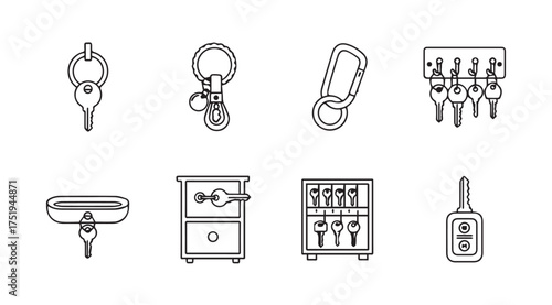 Collection of various keys and key holders for security and access control icons set vector