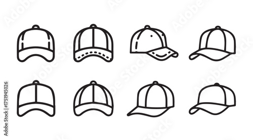Collection of baseball cap icons representing diverse styles and perspectives vector