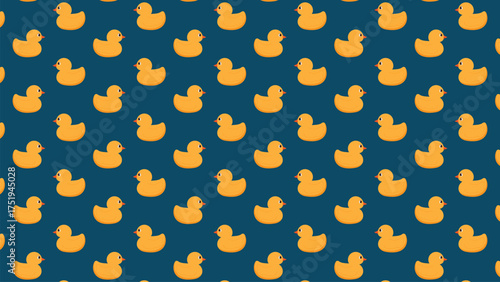 Seamless vector pattern of cute yellow rubber ducks scattered on a dark blue background. High contrast bath time repeat texture design