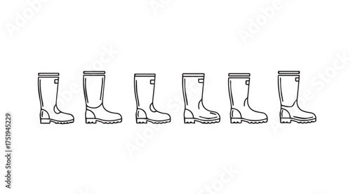 Collection of five different rubber boots lined up side by side in profile view vector