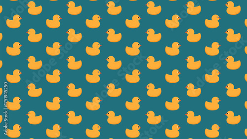 Seamless vector pattern of cute yellow rubber ducks scattered on a stylish teal background. Modern bath time repeat texture design