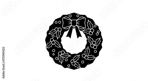 Festive Holiday Wreath with Holly and a Bow, a Classic Symbol of Christmas and Winter Celebrations, Perfect for Seasonal Decorations and Greeting Cards