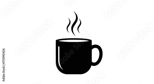 Simple black silhouette icon of a steaming hot coffee mug or tea cup. A minimalist vector graphic symbol representing a warm beverage for a cafe, menu, or break time concept