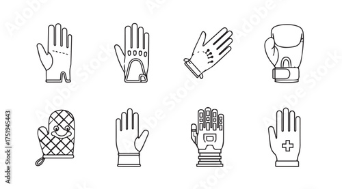 Collection of eight diverse glove icons hand drawn sketch style for various applications vector