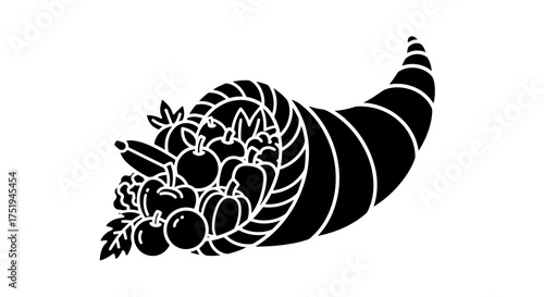 Black and white silhouette of a cornucopia horn of plenty overflowing with harvest fruits and vegetables, a symbol of abundance and Thanksgiving