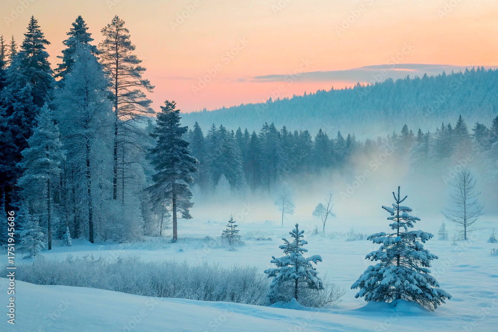 Obraz premium Misty winter landscape of a snow-covered forest with pine trees at sunrise. Serene and tranquil nature scene, perfect for travel or background use.