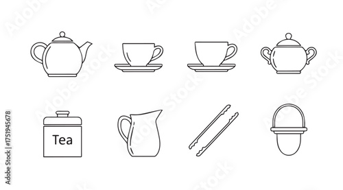 Elegant hand drawn tea set elements including teapot cups sugar bowl and tea canister vector