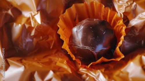 A single piece of candy covered in melted chocolate, sitting in its original wrapper