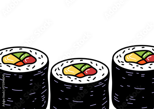 Hand drawn illustration of three colorful fresh sushi rolls. Traditional asian japanese cuisine, meal for menu and restaurant.