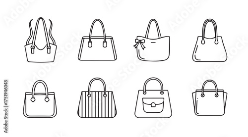 Collection of eight diverse hand-drawn style women's handbags for fashion accessory design vector