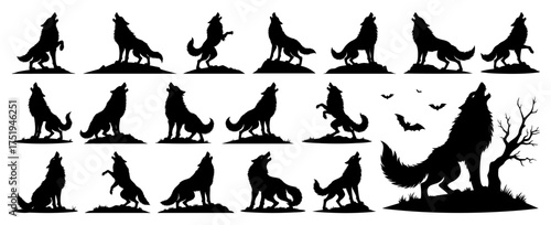 Werewolf Black Silhouette Big Collection, Spooky Halloween Vector, Black Cutout Design on Transparent Background