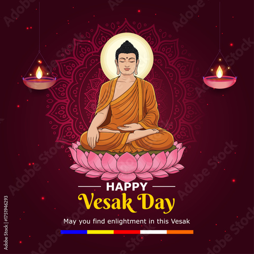 Vesak Day Flyer: Happy Greeting with Meditating Buddha on Lotus, Hanging Diya Lamps, Spiritual Mandala, Enlightenment