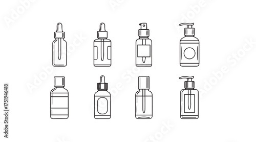 Collection of various skincare serum bottles and dispenser pumps line art simple design vector