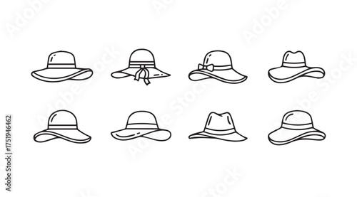 Collection of eight diverse hand-drawn summer hats for women in a sketch art style vector