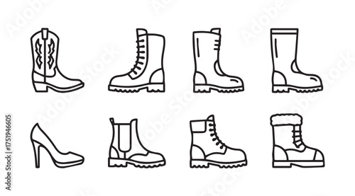 Collection of diverse footwear styles including cowboy boots work boots and high heels vector