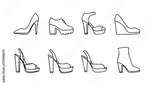Collection of eight fashionable high heel shoe styles sketch outline drawing art vector