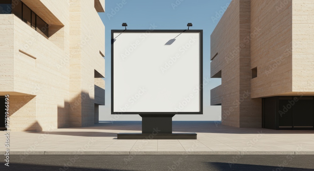 Blank vertical billboard in a modern urban setting between two contemporary buildings