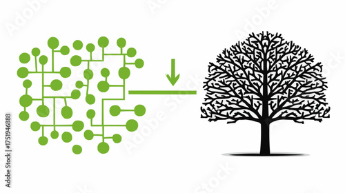 Abstract network evolving into organic tree shape, symbol of data growth, connection and sustainability, minimalist green and black vector on white background