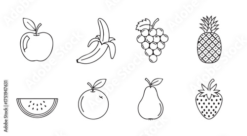 Collection of hand drawn fruit icons representing healthy food and nutrition choices vector