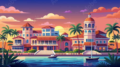 
Very beautiful Naples, Florida skyline featuring elegant waterfront architecture, palm trees, and pastel-colored buildings glowing under soft sunset light along the Gulf Coast.