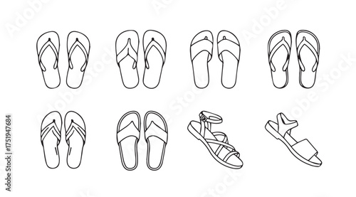 Collection of hand drawn summer sandals and flip flops for beach and casual wear vector