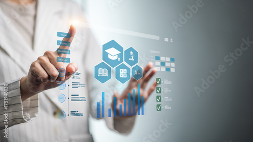 Virtual education dashboard with graduation cap icons, e-learning LMS and student analytics