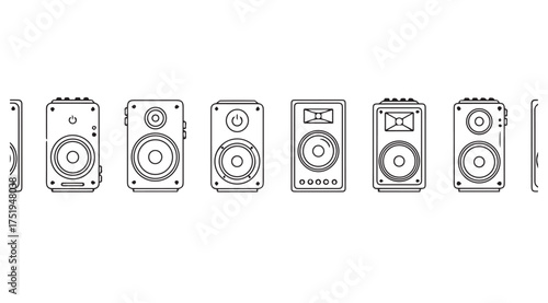 Monochrome line art row of various audio loudspeakers and speakers vector