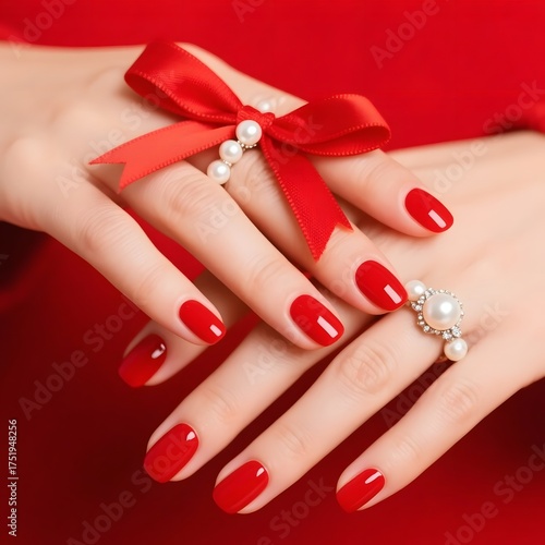 4k high quality Ai generative HD photo realistic cute pretty model design woman girl hands manicure nail artist artwork red color ribbon rose holding ring pearl jewelry bracelet background
