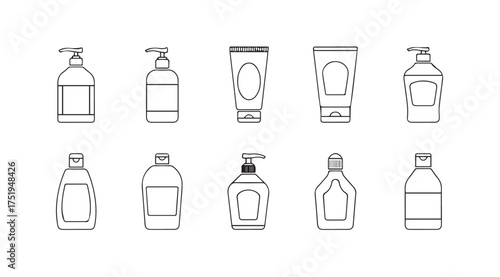 Collection of diverse cosmetic bottles and containers for skincare and beauty products in line art style vector