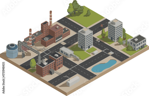 Isometric 3d illustration of harbor dock industrial facility with warehouses, cranes, cargo ship loading platform, and factory buildings near water channel