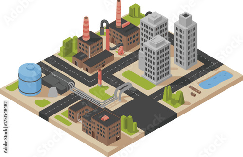Isometric 3d illustration of harbor dock industrial facility with warehouses, cranes, cargo ship loading platform, and factory buildings near water channel