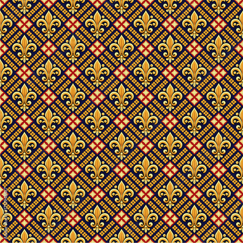 A seamless pattern with gold fleur de lis on a dark green background 