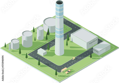 Isometric 3d illustration of modern industrial factory with tall chimney, fuel storage tanks, green landscape, and road transportation system