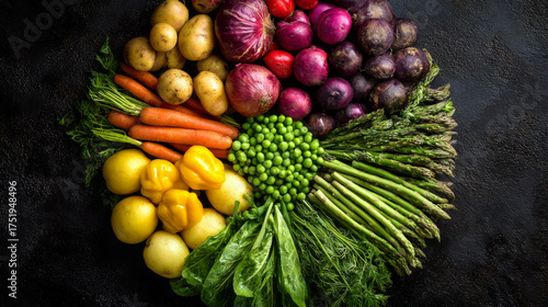 Top view of vibrant vegetables on a dark background, showcasing their natural beauty 
