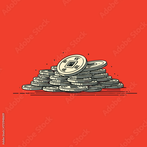 Pile of Chinese coins on red fabric, Lunar New Year prosperity symbol on vivid-red background