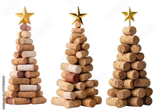 Christmas trees made of wine corks with golden stars for creative eco-friendly holiday decoration and DIY inspiration