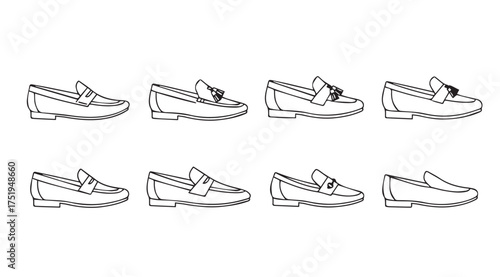 Collection of eight hand drawn sketch style loafer shoes demonstrating diverse angles and designs vector
