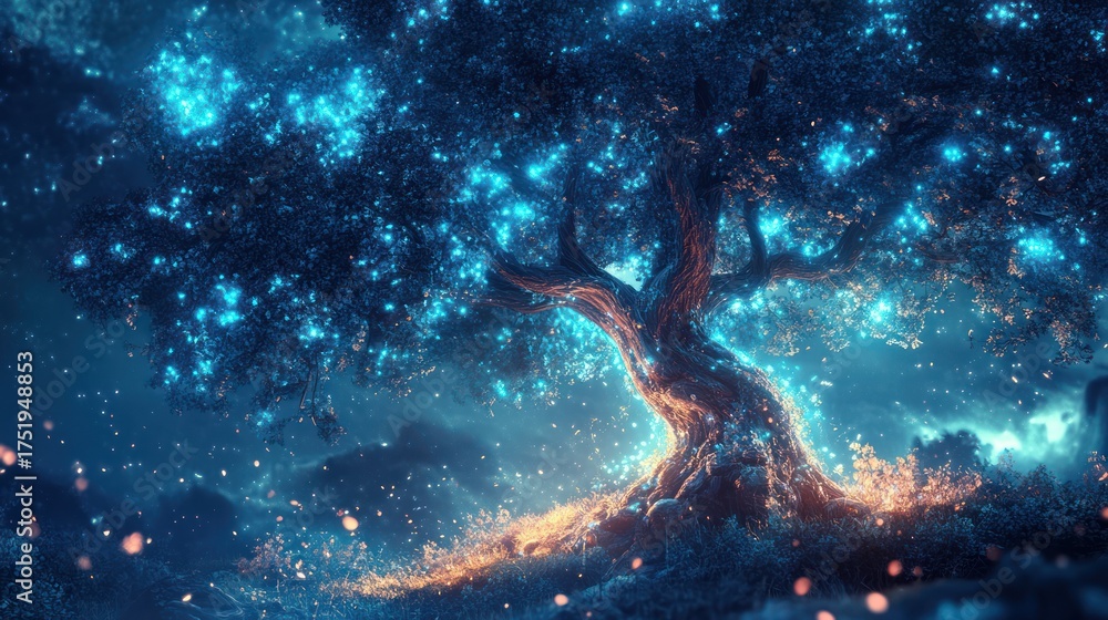 Obraz premium Glowing Tree Night Fantasy Landscape