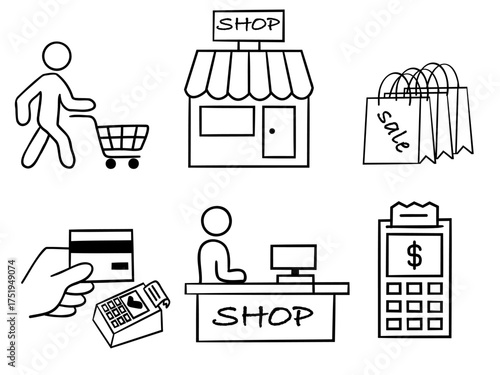 A Checkout Retail scene displays various activities: a person walks with a cart, transactions at a cash register, and shopping bags filled with items.