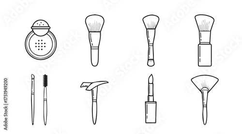 Collection of essential makeup brushes and applicators for beauty routines and cosmetics application vector
