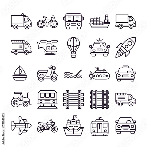 Collection of hand-drawn transportation icons for scalable vector graphics