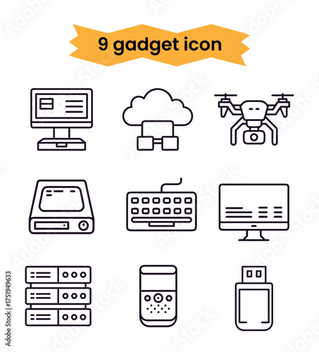 Vector gadget icons set technology computer cloud drone server keyboard usb storage device