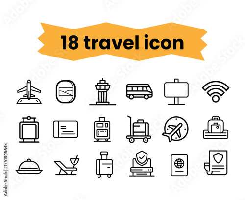 Set of 18 travel and airport icons in a clean scalable vector illustration for versatile design use